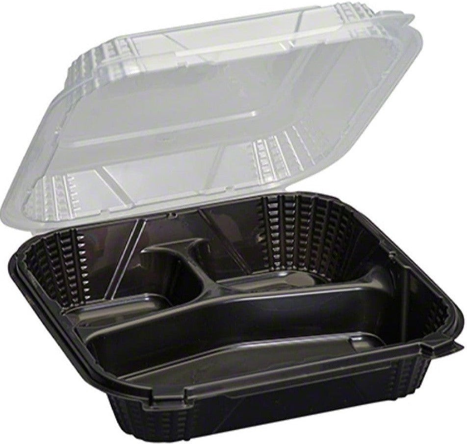 Genpak - ProView M 3 Compartment Black Plastic Hinged Container, 300/Cs - PV243