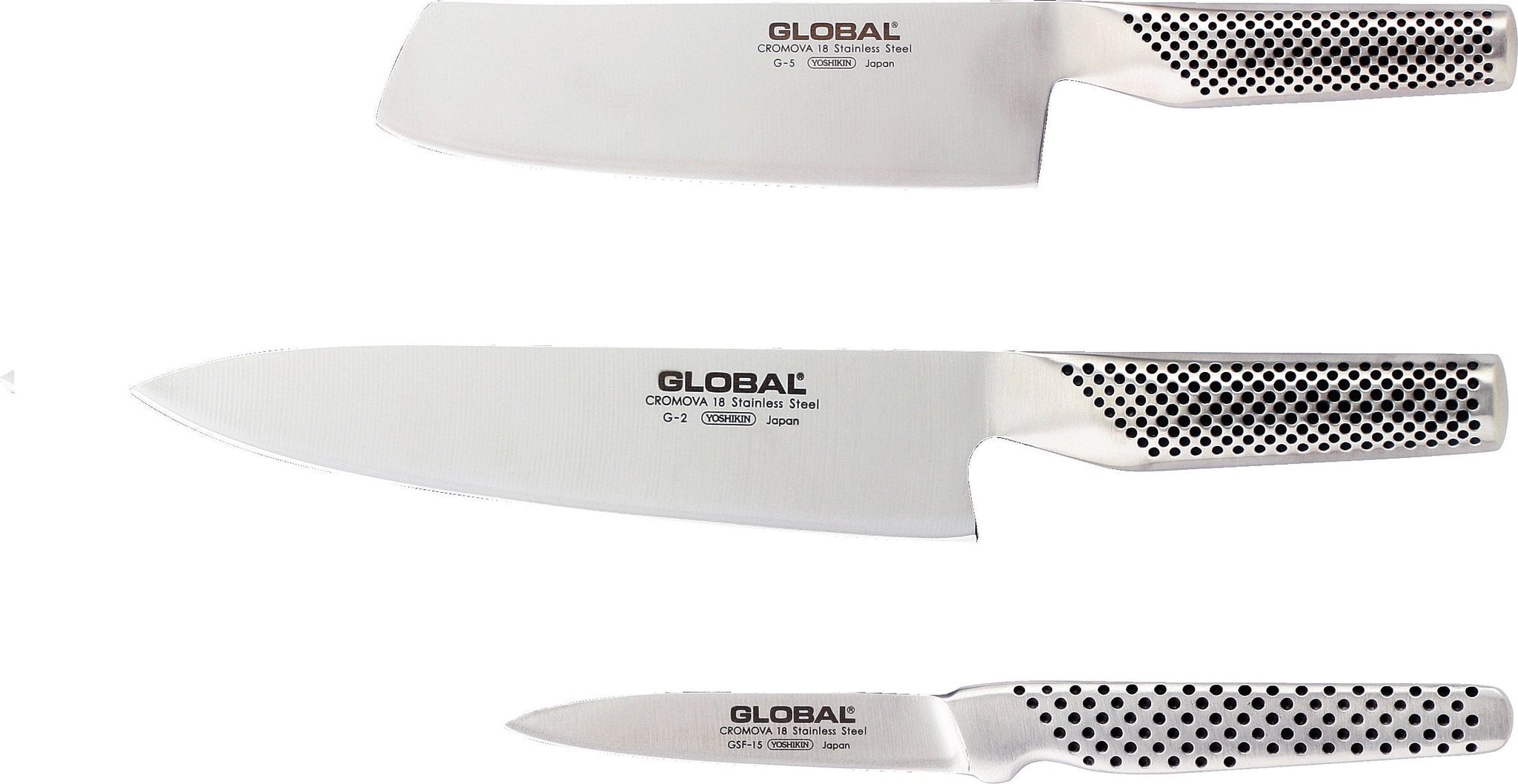 Global - 3 Piece Knife Set 8" Cook's Knife (G2) - 5.5" Vegetable Knife (GS5) - & 3" Peeling Knife (GSF15) - G2515