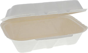 Pactiv Evergreen - 9 x 6 x 3" White, Compostable Fiber Blend Hinged Lid Container, 150/cs - YMCH00890001