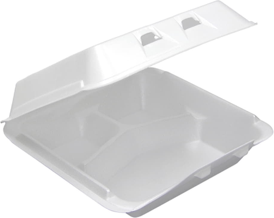Pactiv Evergreen - 9" x 9.125" x 3.25", White Foam Large Hinged-Lid Takeout Container 3-Compartment Smartlock, 150 Per Case - YHLW09030000