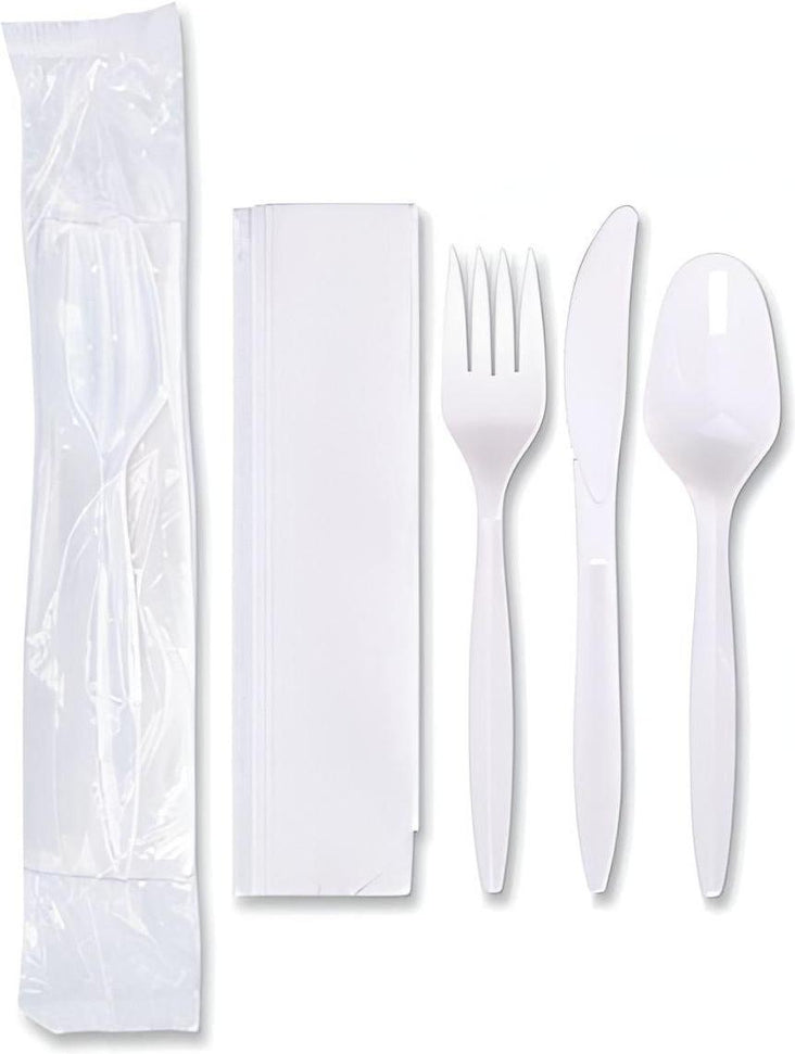 511 Foodservice - Polypropylene White Cutlery Meal Kit ( Spoon, Fork, Knife, Napkin ), 500/Cs - 3106031