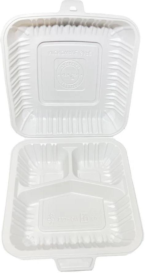 7" x 7" MFPP Hinged Container with 3 Compartment, 150/Cs - LRNG073