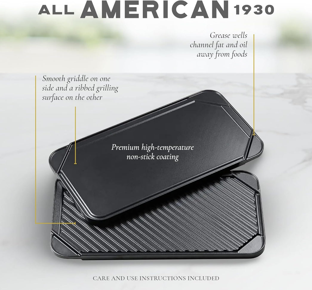 All American - 20.5" x 11.2" Cast Aluminum Black Double Burner Reversible Grill/Griddle - 3560A