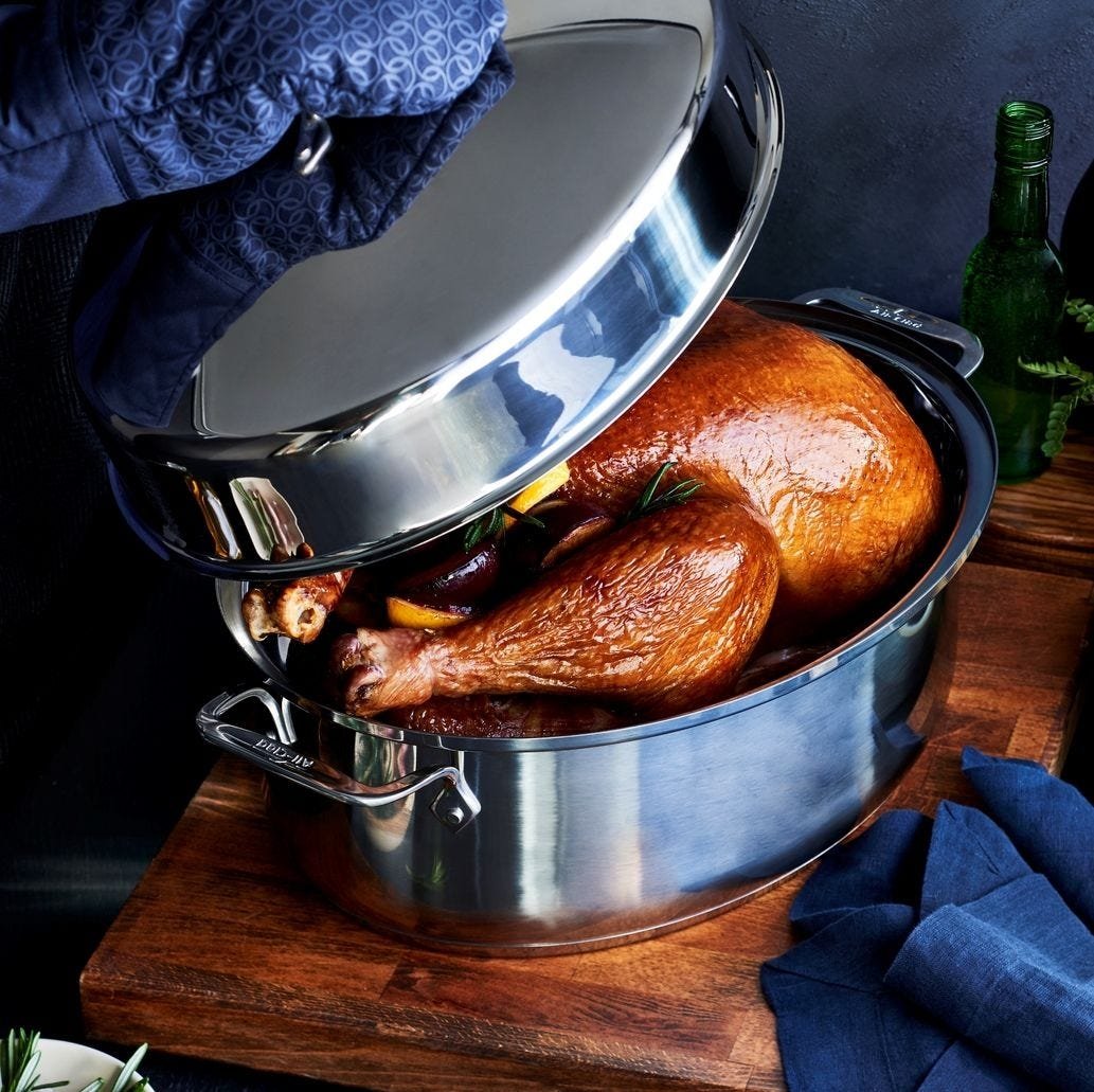 All-Clad - 15" Stainless Steel Oval Roaster with lid and Flat Rack - E7879964