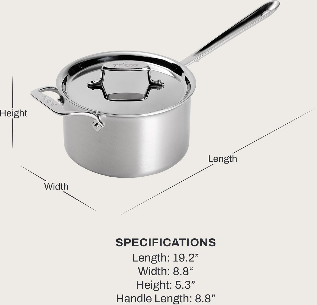 All-Clad - 4 QT D5 Brushed Saucepan with Loop Handle & Lid - BD55204