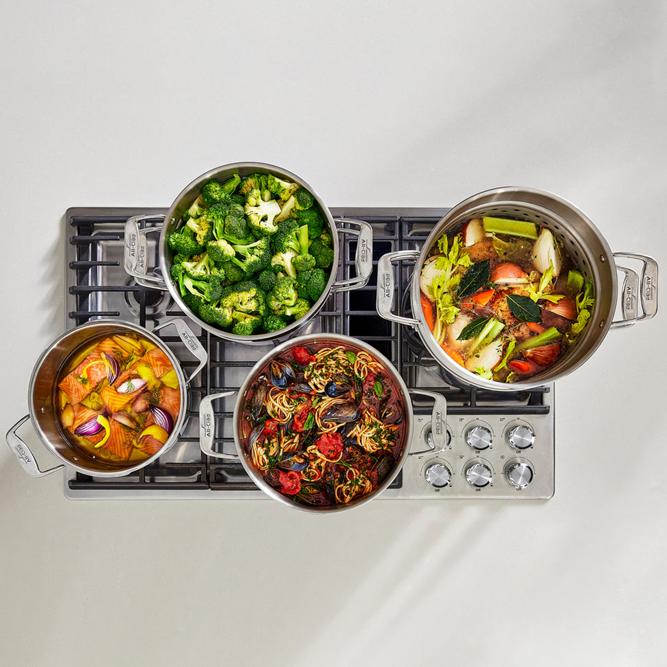 All-Clad - Simply Strain; 6 Quart Stainless Steel Multipot with Straining Lid - E7434664