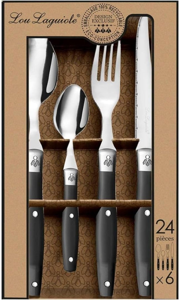 Amefa - Lou Laguiole Black Stainless Steel Counter Cutlery Set, 24 Pcs - 2202AAAF27C40