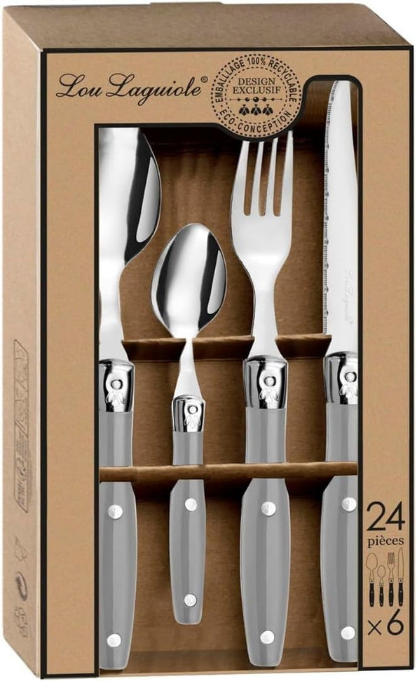 Amefa - Lou Laguiole Gray Stainless Steel Counter Cutlery Set, 24 Pcs - 2202DGAF27C40