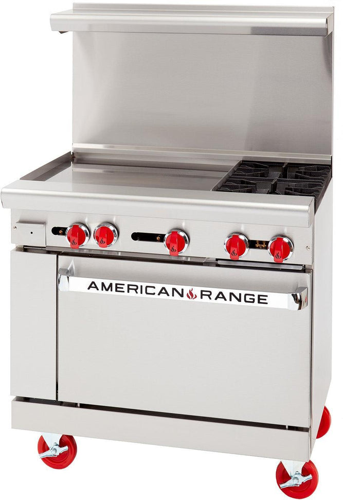 American Range - 36" Restaurant Range With 24" Griddles, 2 Burners, And 26.5" Standard Oven, Stainless Steel - AR-24G-2B