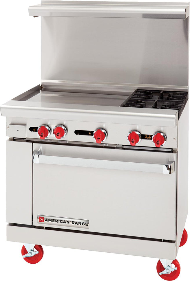 American Range - 36" Restaurant Range With 24" Griddles, 2 Burners, And 26.5" Standard Oven, Stainless Steel - AR-24G-2B