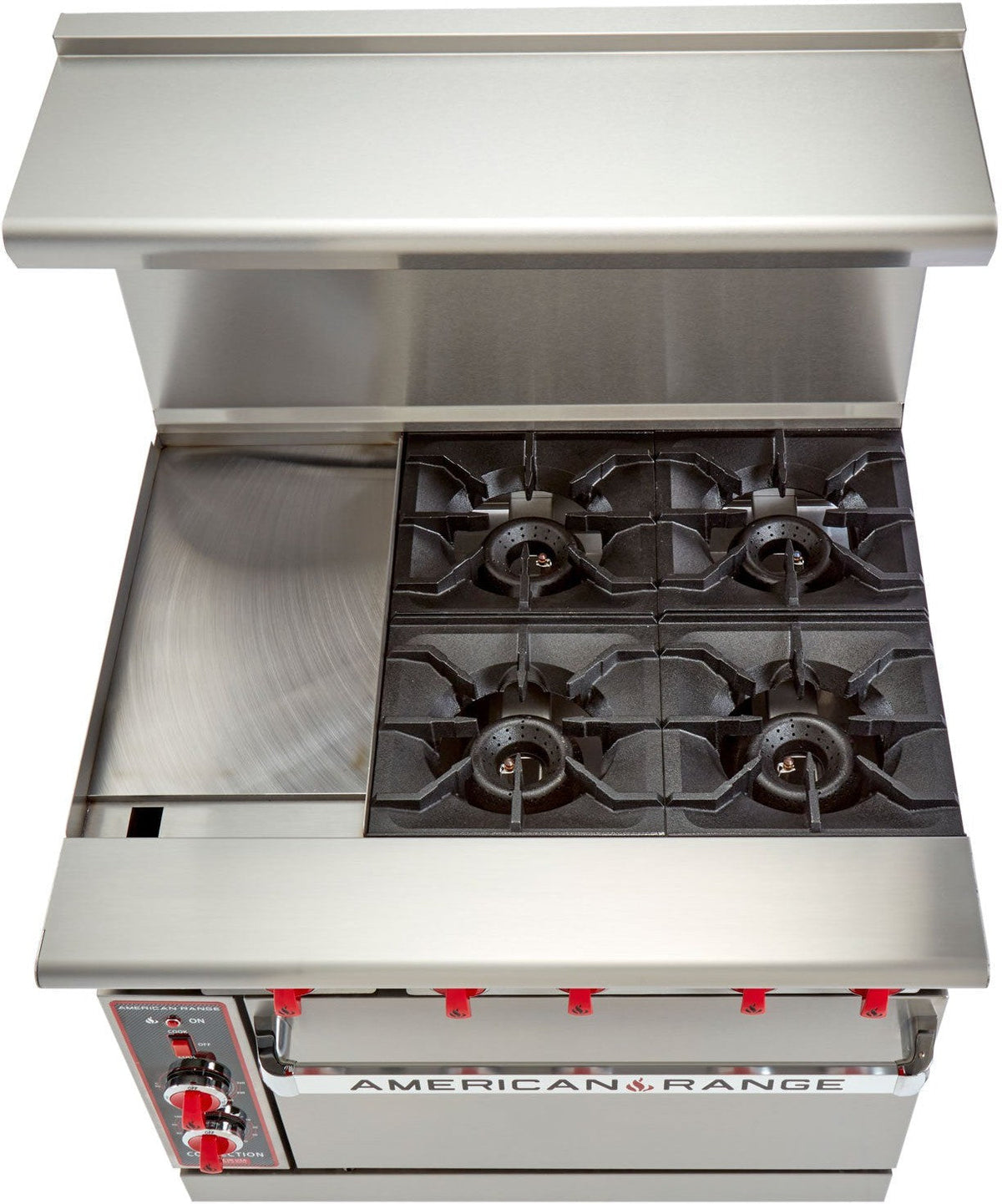 American Range -36" Stainless Steel Green Flame Ranges 12" Griddles, 4 Burners with 26.5" Convection Oven - ARGF-12G-4B-C