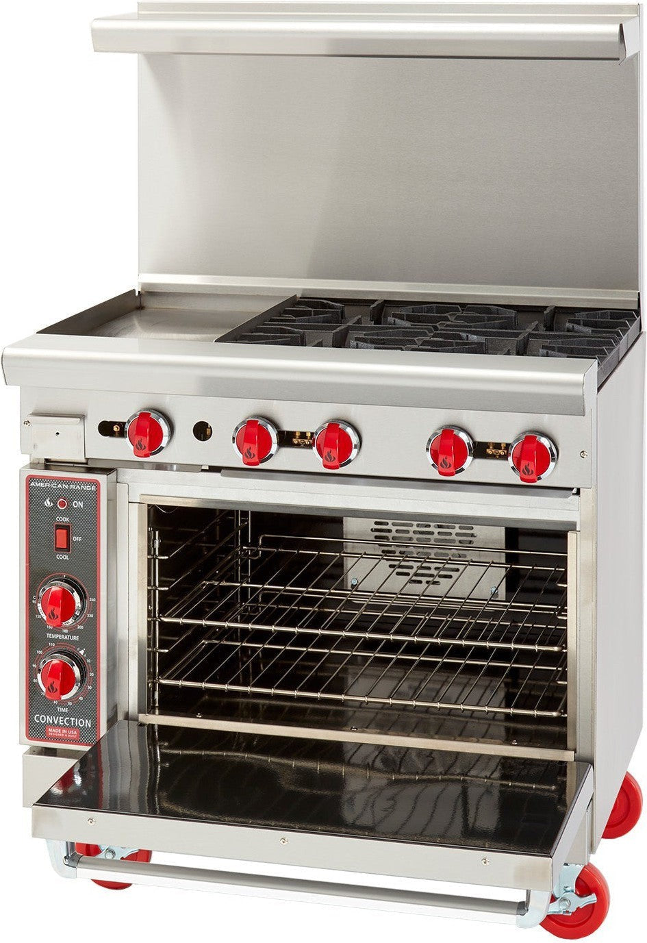 American Range -36" Stainless Steel Green Flame Ranges 12" Griddles, 4 Burners with 26.5" Convection Oven - ARGF-12G-4B-C