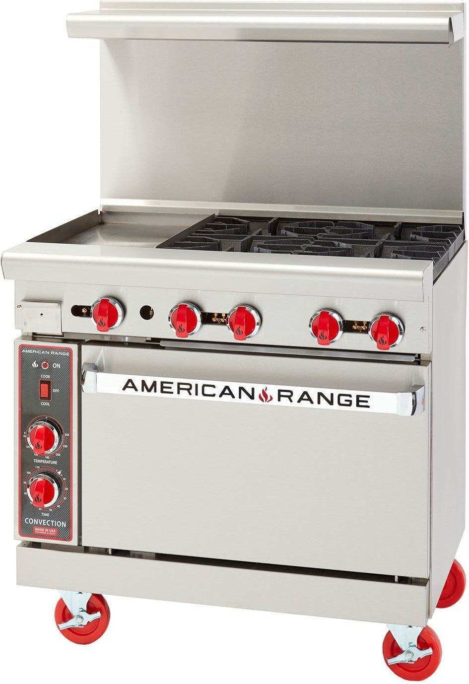 American Range -36" Stainless Steel Green Flame Ranges 12" Griddles, 4 Burners with 26.5" Convection Oven - ARGF-12G-4B-C