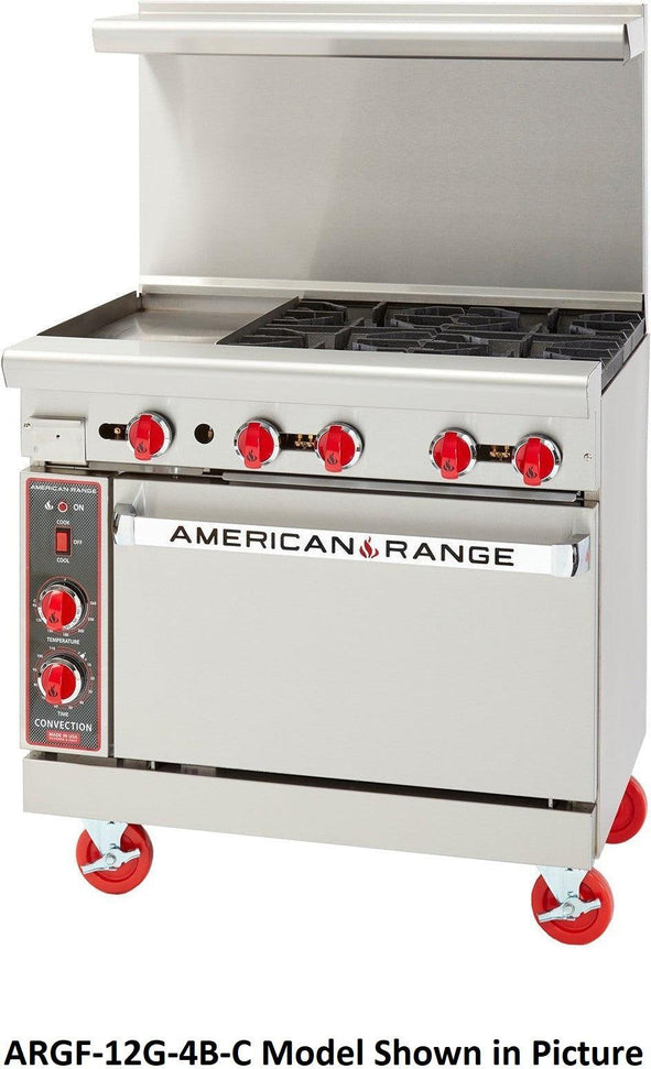 American Range -36" Stainless Steel Green Flame Ranges 12" Griddles, 4 Burners with 26.5" Standard Oven - ARGF-12G-4B