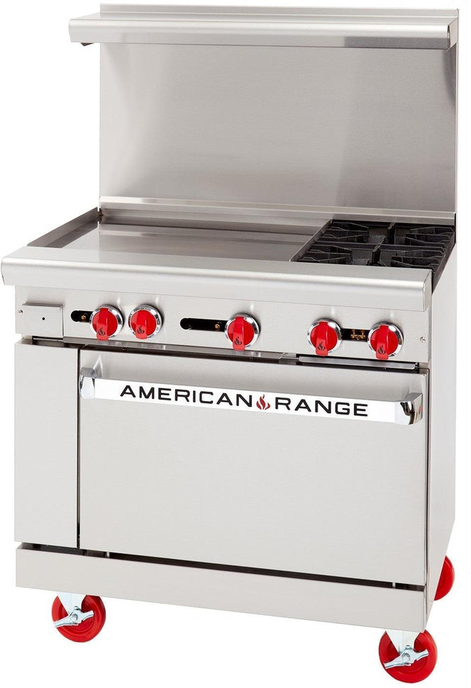 American Range - 36" Stainless Steel Green Flame Ranges 24" Griddles, 2 Burners with 26.5" Standard Oven - ARGF-24G-2B