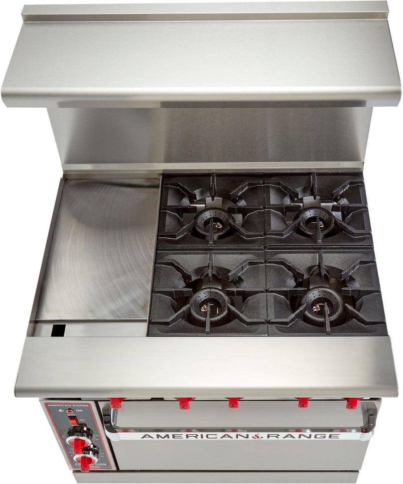 American Range - 36" Stainless Steel Restaurant Range With 12" Griddles, 4 Burners, And 26.5" Convection Oven - AR-12G-4B-C