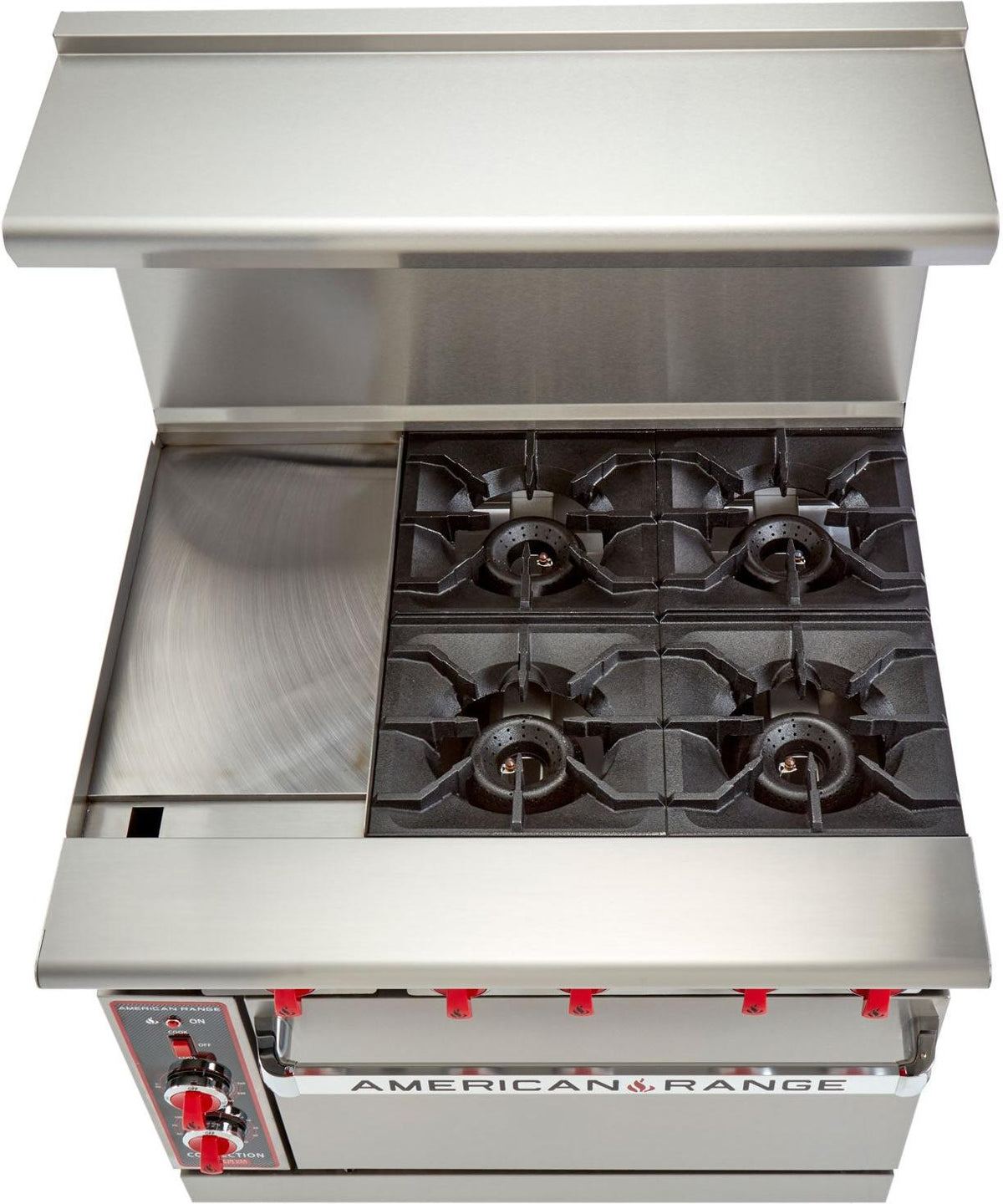 American Range - 36" Stainless Steel Restaurant Range With 12" Griddles, 4 Burners, And 26.5" Convection Oven - AR-12G-4B-C