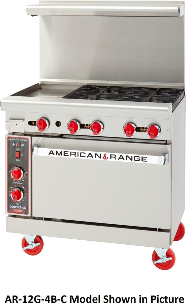 American Range - 36" Stainless Steel Restaurant Range With 12" Griddles, 4 Burners, And 26.5" Storage Base - AR-12G-4B-SB