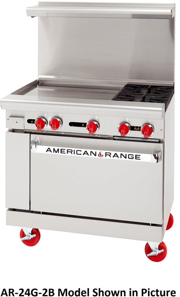 American Range - 36" Stainless Steel Restaurant Range With 24" Griddles, 2 Burners, And 26.5" Convection Oven - AR-24G-2B-C