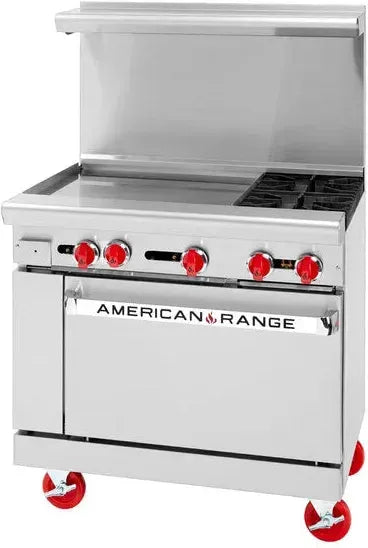 American Range - 36" Stainless Steel Restaurant Range With 24" Griddles, 2 Burners, And 26.5" Storage Base - AR-24G-2B-SB