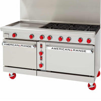 American Range - 48" Stainless Steel Green Flame Ranges 24" Griddles, 4 Burners With Standard Oven With Storage Base - ARGF-24G-4B-126
