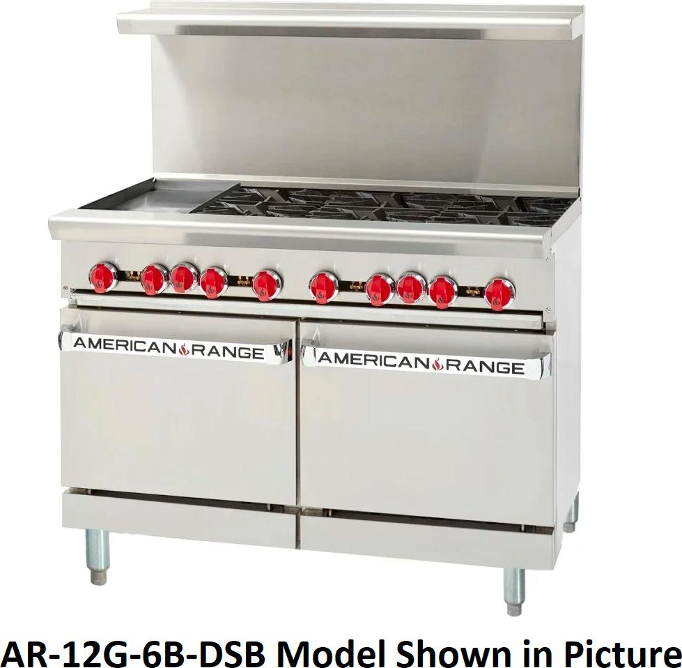 American Range - 48" Stainless Steel Restaurant Range 12" Griddles, 6 Burners, and 20" 2 Space Standard Oven - AR-12G-6B