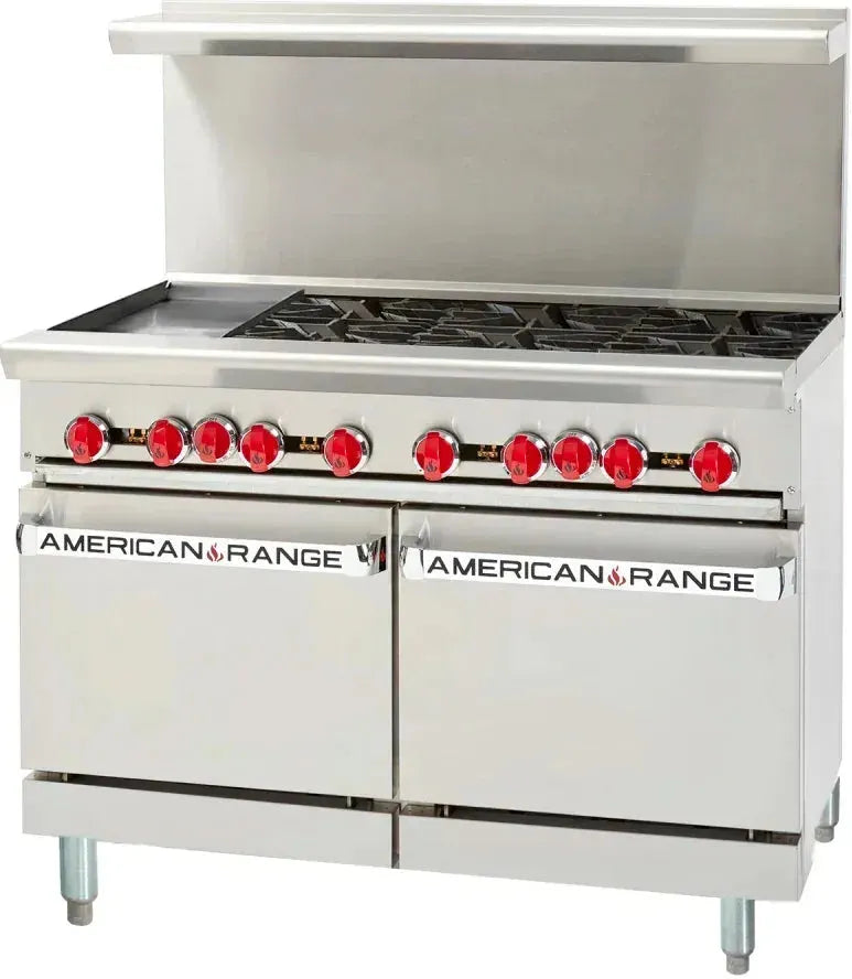 American Range - 48" Stainless Steel Restaurant Range 12" Griddles, 6 Burners, and 20" 2 Space Storage Bases - AR-12G-6B-DSB