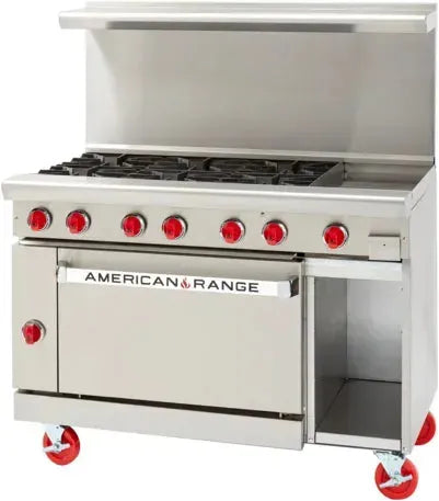 American Range - 48" Stainless Steel Restaurant Range 12" Griddles With 6 Burners, (1) 26.5" Standard Oven and Storage Base - AR-12G-6B-126L-SBR