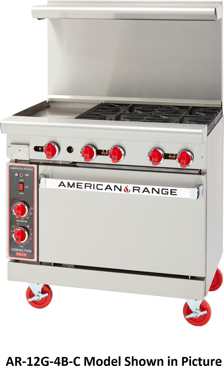 American Range - 48" Stainless Steel Restaurant Range 24" Griddles, 4 Burners, and 20" 2 Space Standard Oven - AR-24G-4B