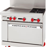 American Range - 48" Stainless Steel Restaurant Range 36" Griddles, 2 Burners, and 20" 2 Space Storage Bases - AR-36G-2B-DSB