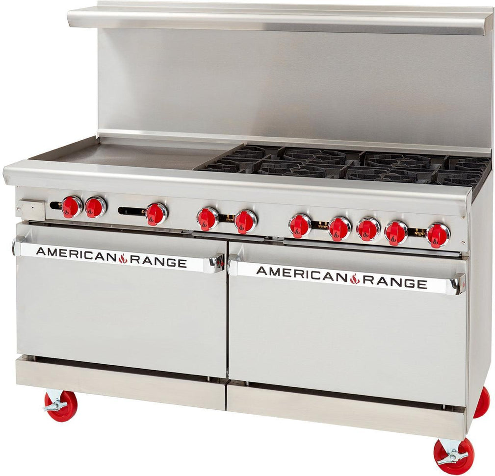American Range - 60" Restaurant Range 24" Griddles and 6 Burners With 26.5" 2 Standard Ovens, Stainless Steel - AR-24G-6B