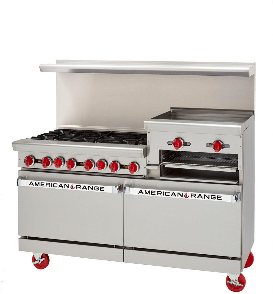 American Range - 60" Restaurant Range 24" Raised Griddles, 6 Burners With 26.2" 2 Standard Ovens, Stainless Steel - AR-6B-24RG