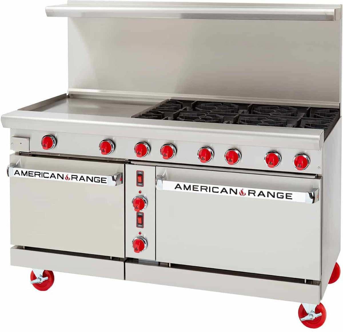 American Range - 60" Stainless Steel Green Flame Range 24" Griddles and 6 Burners With Covection, Space Saver - ARGF-24G-6B-CL-126R