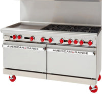 American Range - 60" Stainless Steel Restaurant Range 12" Griddles and 8 Burners With 26.5" 1 Standard Oven and 1 Storage Base - AR-12G-8B-126L-SBR