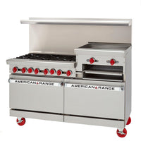 American Range - 60" Stainless Steel Restaurant Range 24" Raised Griddles, 6 Burners With 26.5" 2 Storage Bases - AR-6B-24RG-DSB