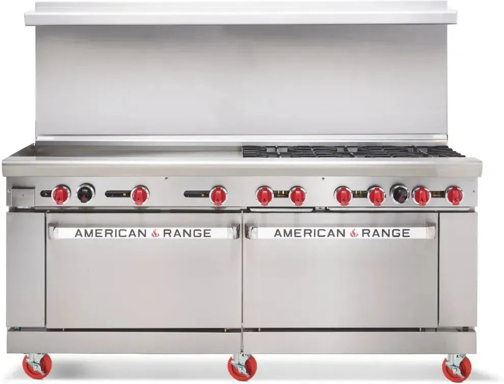 American Range - 72" Stainless Steel Green Flame Range 24" Griddles and 8 Burners With 1 Standard and 1 Convection Oven - ARGF-24G-8B-CL-126R
