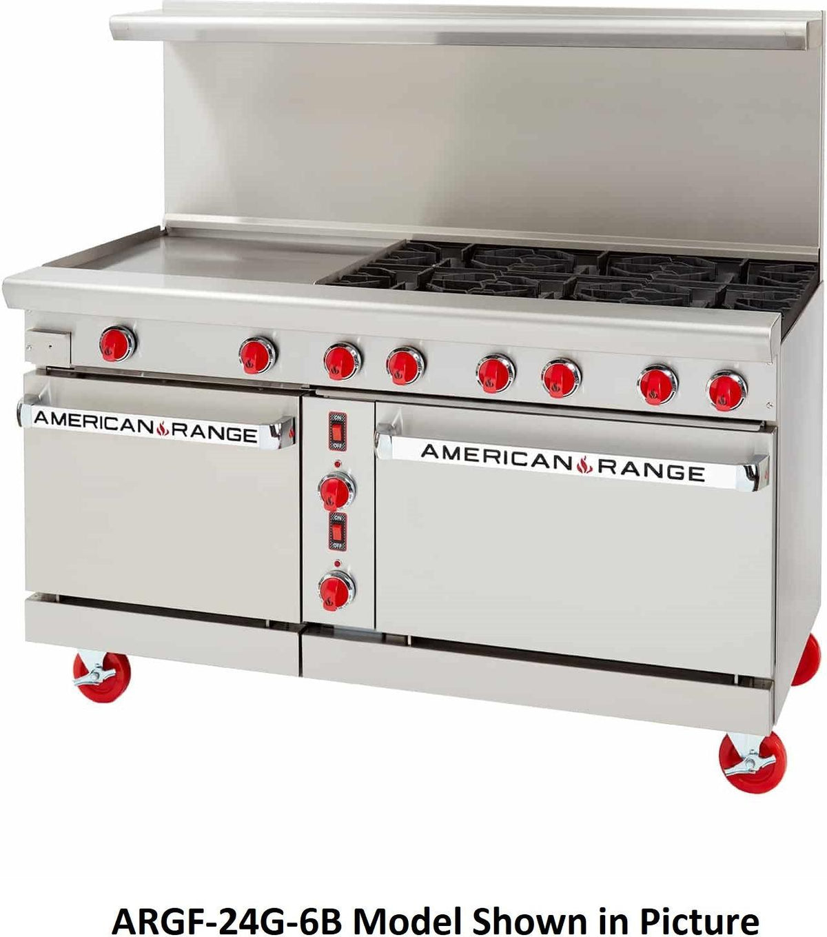 American Range - 72" Stainless Steel Green Flame Range 24" Griddles and 8 Burners With 2 Convection Ovens - ARGF-24G-8B-CC