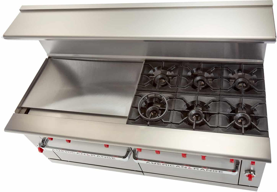American Range - 72" Stainless Steel Green Flame Range 36" Griddles and 6 Burners With 2 Standard Ovens - ARGF-36G-6B