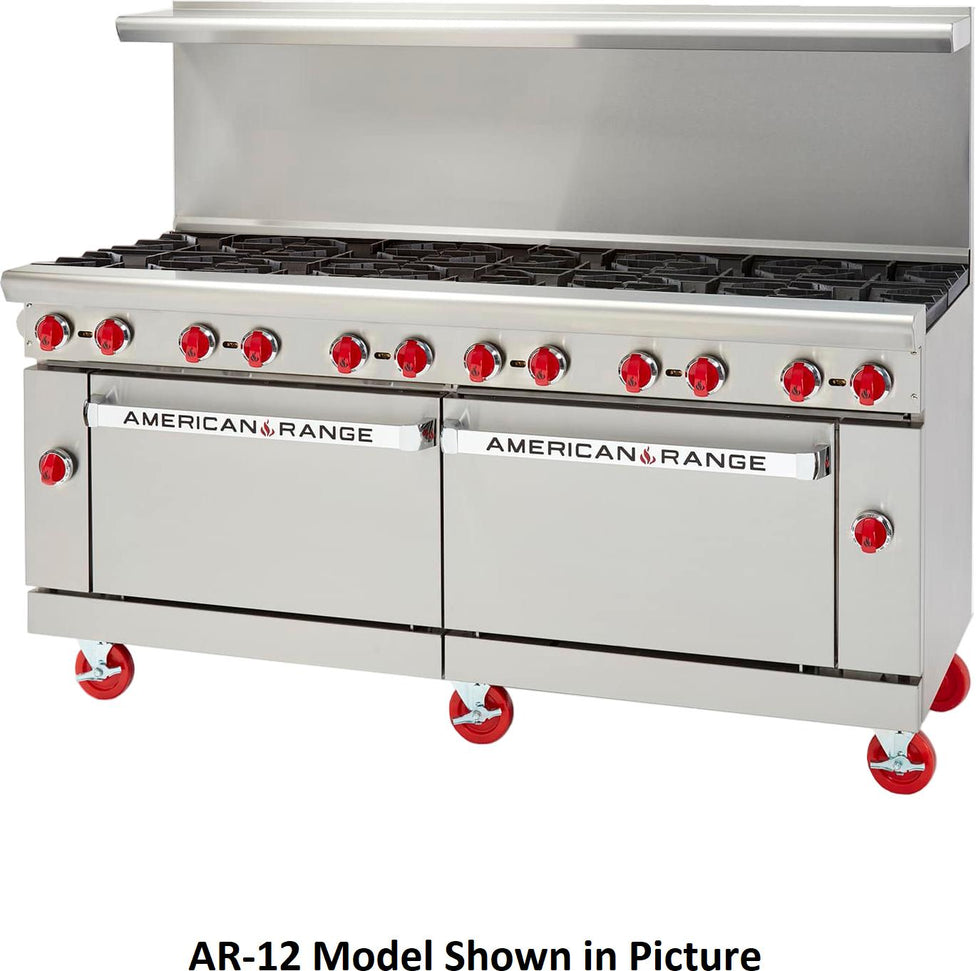 American Range - 72" Stainless Steel Restaurant Range 12 Burners With 26.5" 1 Standard Oven and 1 Storage Base - AR-12-126L-SBR