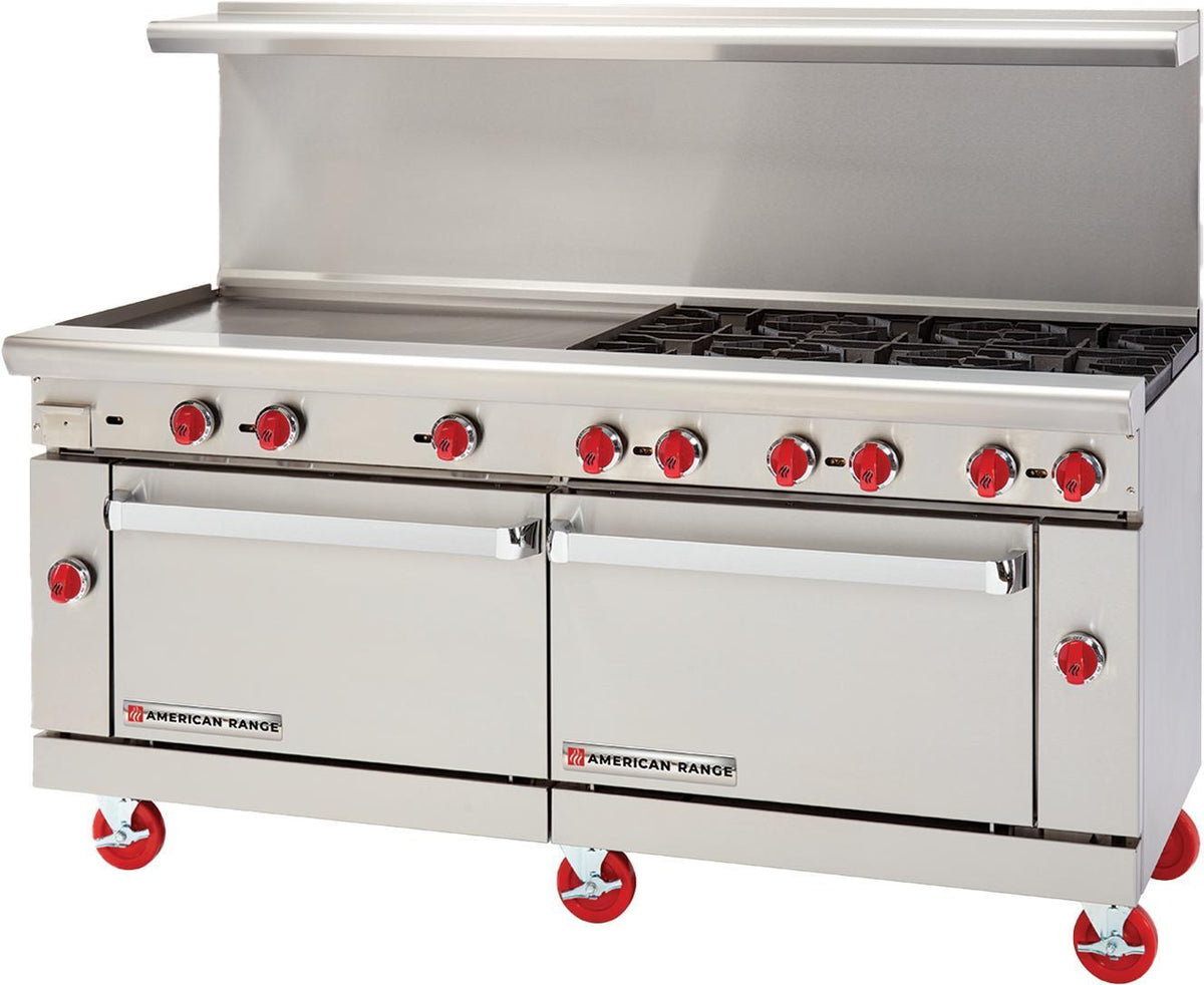 American Range - 72" Stainless Steel Restaurant Range 36" Griddles 6 Burners With 26.5" 2 Standard Oven - AR-36G-6B