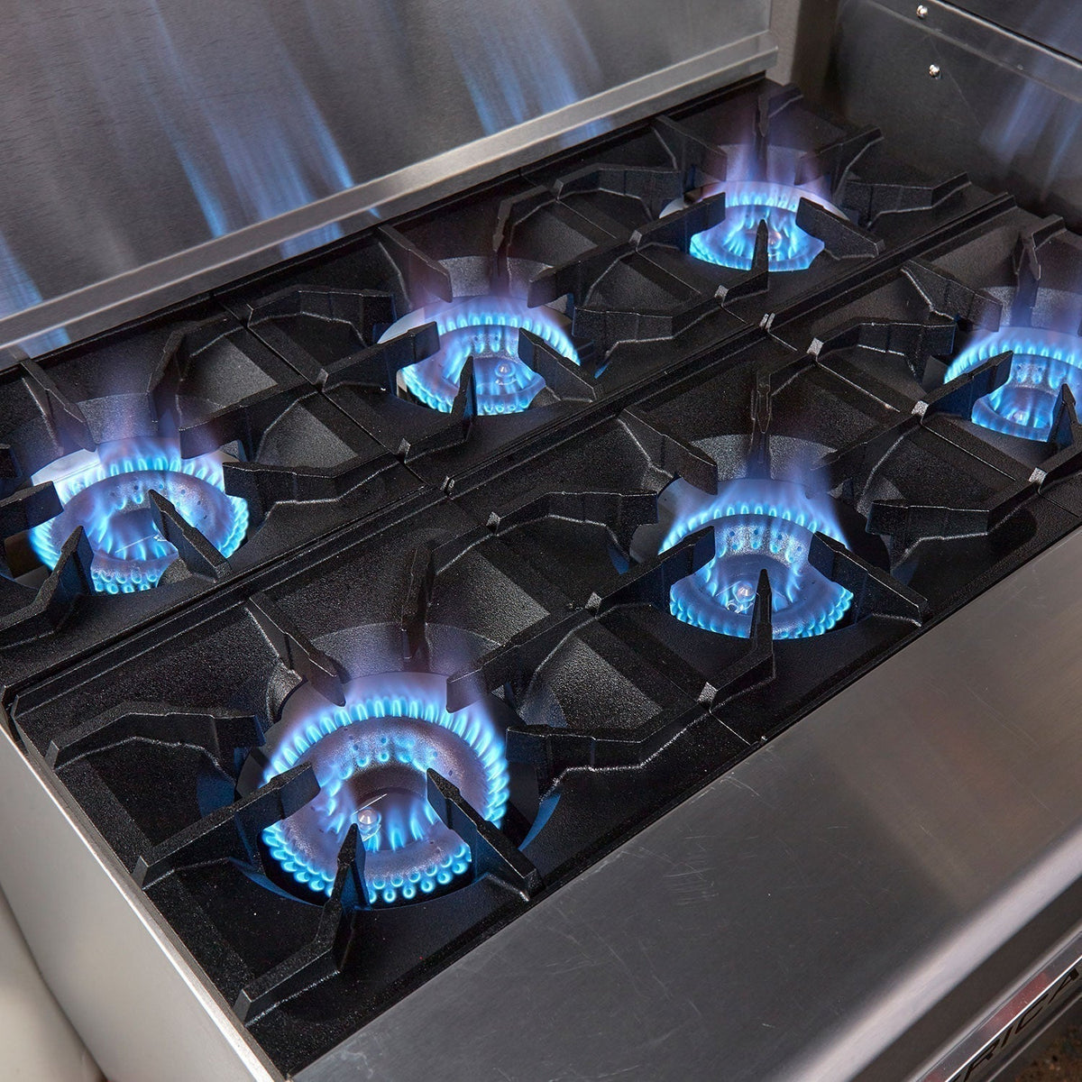 American Range - 72" Stainless Steel Restaurant Range 36" Griddles 6 Burners With 26.5" 2 Storage Base - AR-36G-6B-DSB