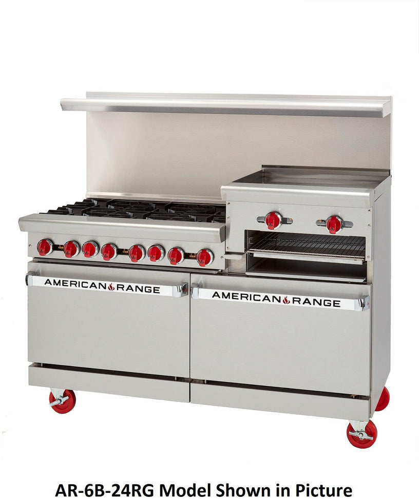 American Range - 72" Stainless Steel Restaurant Range 36" Raised Griddles, 6 Burners With 26.5" 2 Convection Ovens - AR-6B-36RG-CC