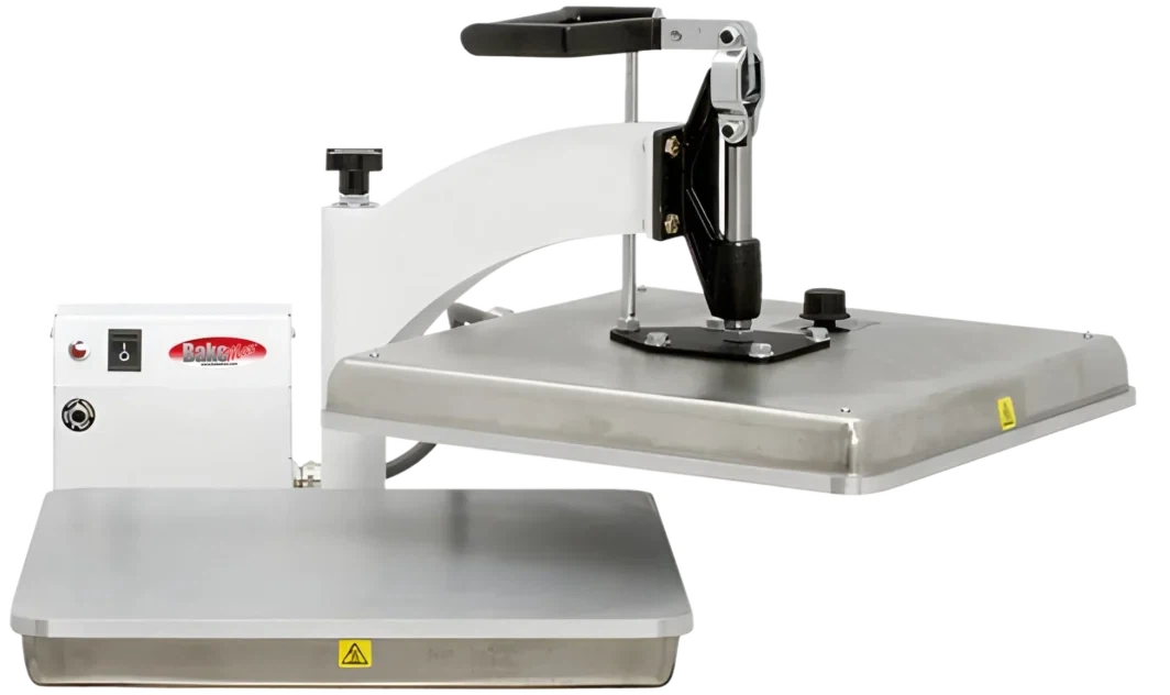 BakeMax - 15″ x 15″, 220V Stainless Steel White Countertop Powder Coated Swing Away Manual Dual Heat Tortilla Press - BMTXM15