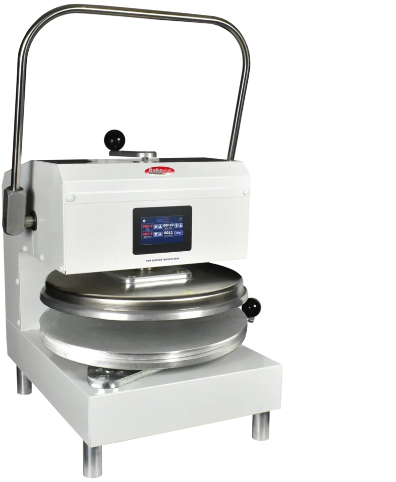 Bakemax - 120V Stainless Steel White Commercial Countertop Powder Coat Manual Single Heat Dough Press - BMDXMW