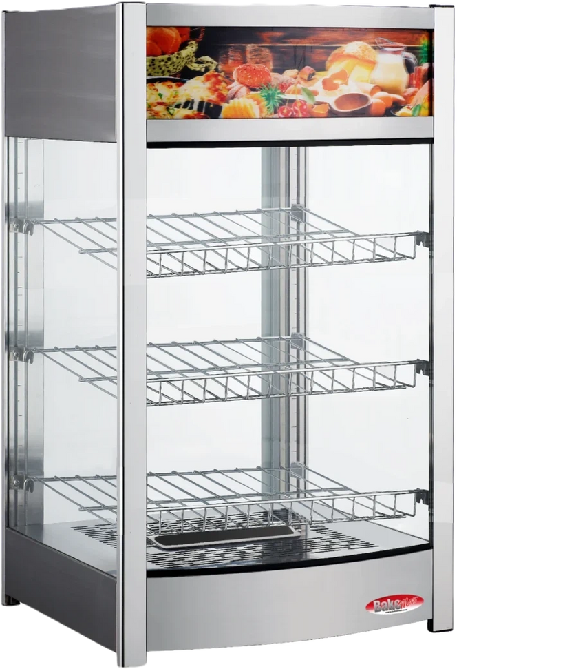 Bakemax - 18", 120V Wide Countertop Full-Service Bowed Face Heated Display Case with LED Lighting - BMCBF18