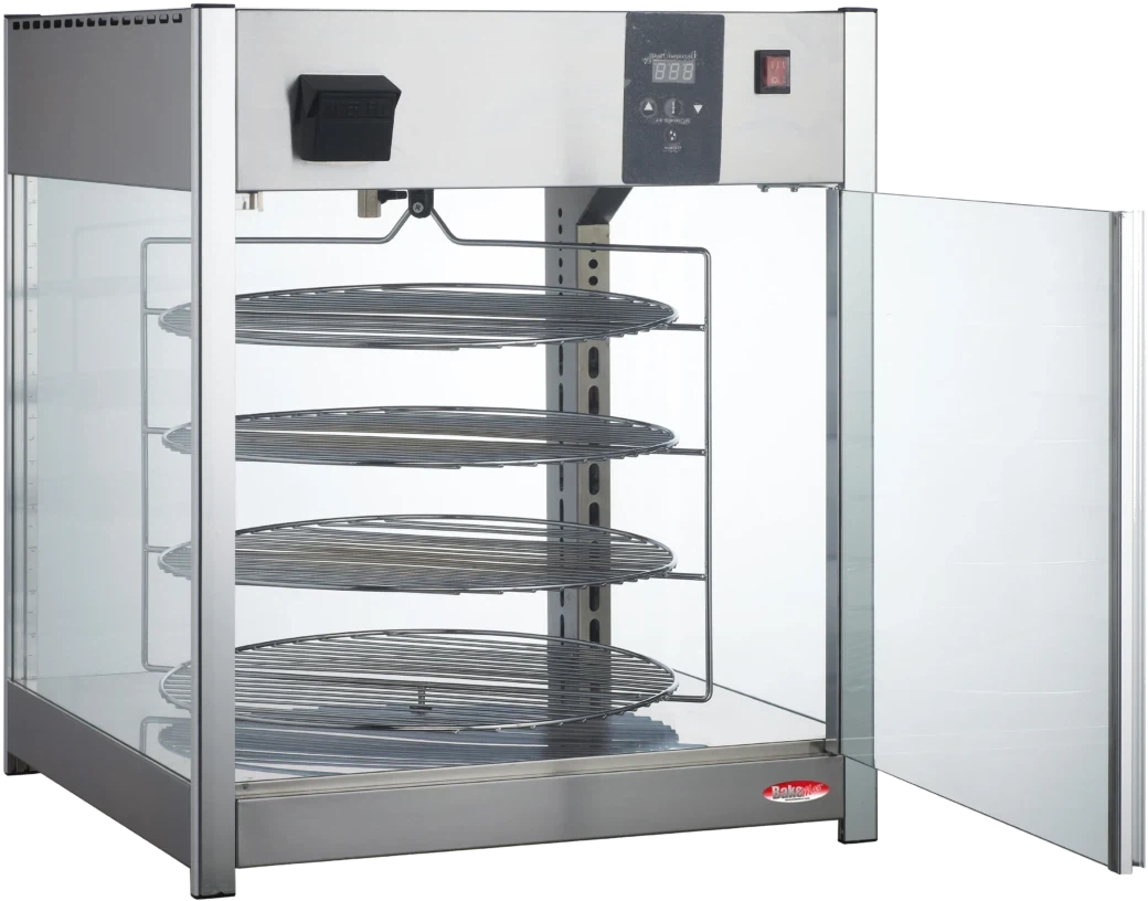 Bakemax - 18" Stainless Steel Four Tier Countertop Electric Rotating Pizza Warmer Display Case - BMPW418 - DISCONTINUED