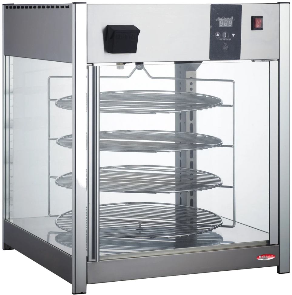 Bakemax - 18" Stainless Steel Four Tier Countertop Electric Rotating Pizza Warmer Display Case - BMPW418 - DISCONTINUED