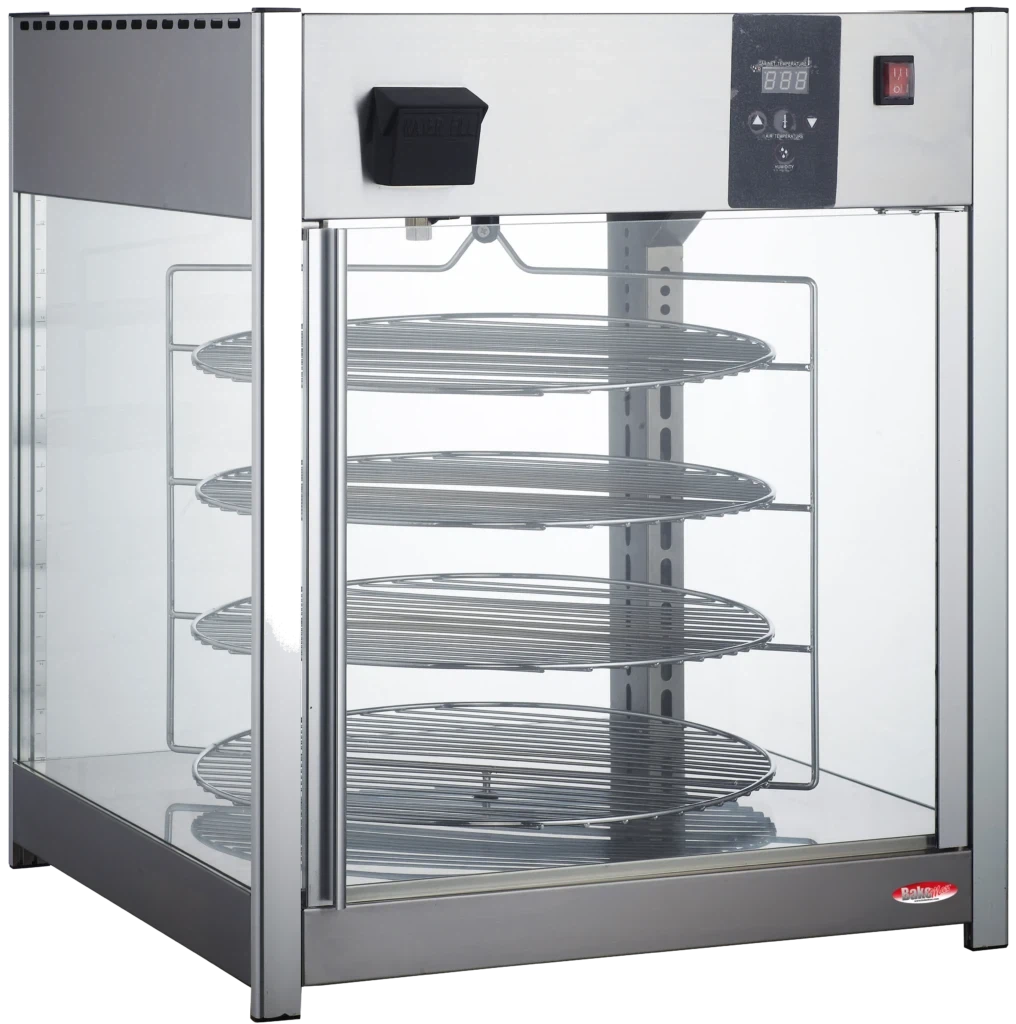 Bakemax - 18" Stainless Steel Four Tier Countertop Electric Rotating Pizza Warmer Display Case - BMPW418 - DISCONTINUED