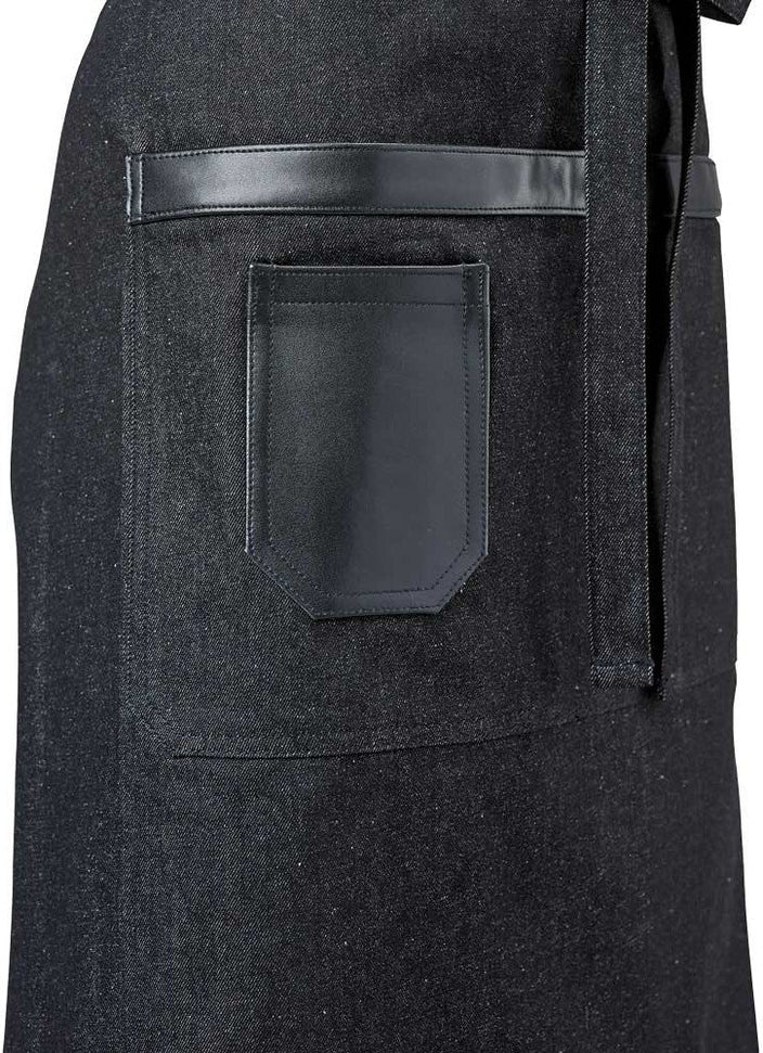 Barfly - 25.5" x 30.5" Metro Edge Wyatt Black Cotton Denim Bistro Apron with Black Leather Details - M63204BKD