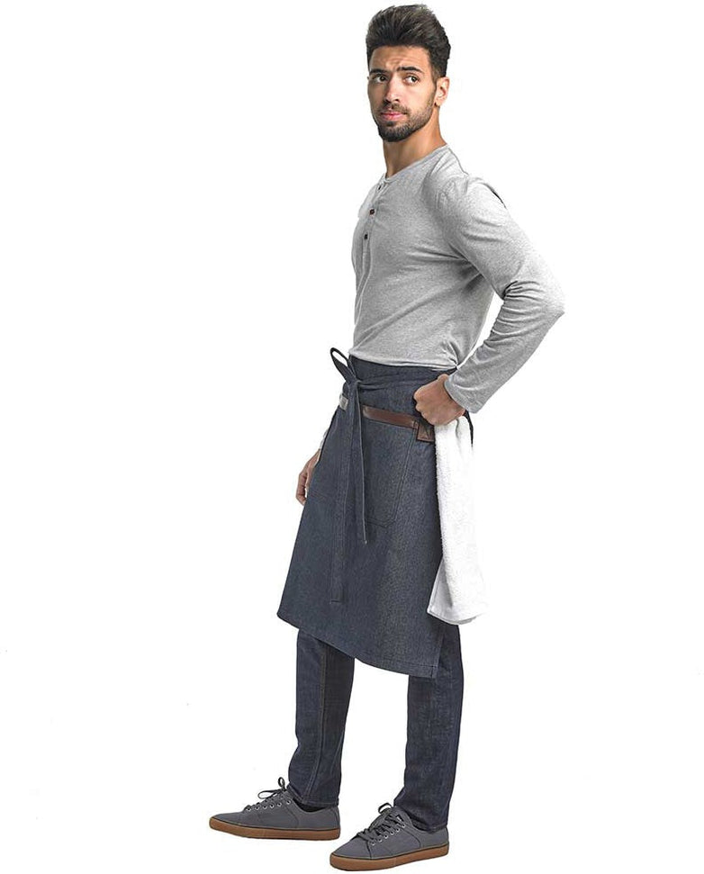 Barfly - 25.5" x 30.5" Metro Edge Wyatt Indigo Draper Denim Bistro Apron with Brown Leather Details - M63204DEN